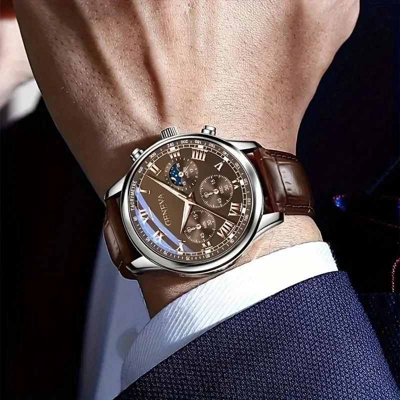 Fashion Leather Strap Men Business Watches Round Dial Male's Analog Quartz Wristwatch Reloj Hombre（Without Box）
